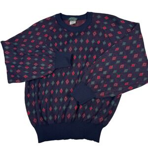 VTG IZOD Women L Navy Red Diamond Pattern Wool Knit Sweater Italy Made Geometric
